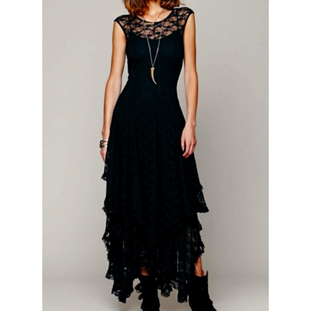 Tiered Lace Layered Asymmetrical Hem Dress